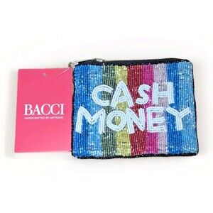 Bacci Beaded CASH MONEY Coin Purse Multicolor Stripes Polyester Zippered NWT